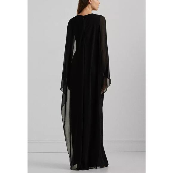 Lauren Ralph Lauren Cape Georgette Gown Black Size 6 NWT Elegant Glamorous - Picture 11 of 16